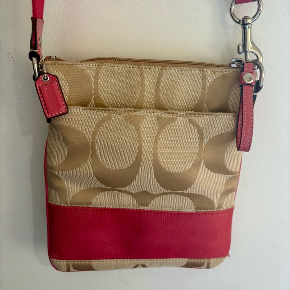 Coach Khaki and Pink Signature Canvas Crossbody Bag